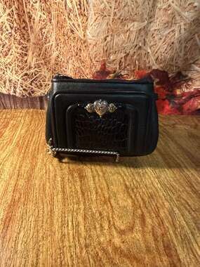 Brighton Vintage Black Leather Mini Organizer Crossbody Wallet Purse with Silver